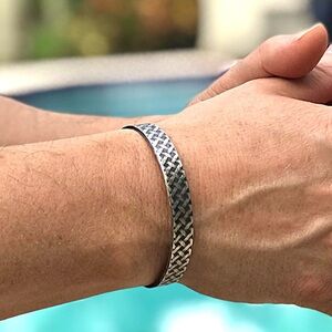 Oxidized Sterling Silver Plaid Tartan Open Cuff Bangle Bracelet Handmade 9.5mm